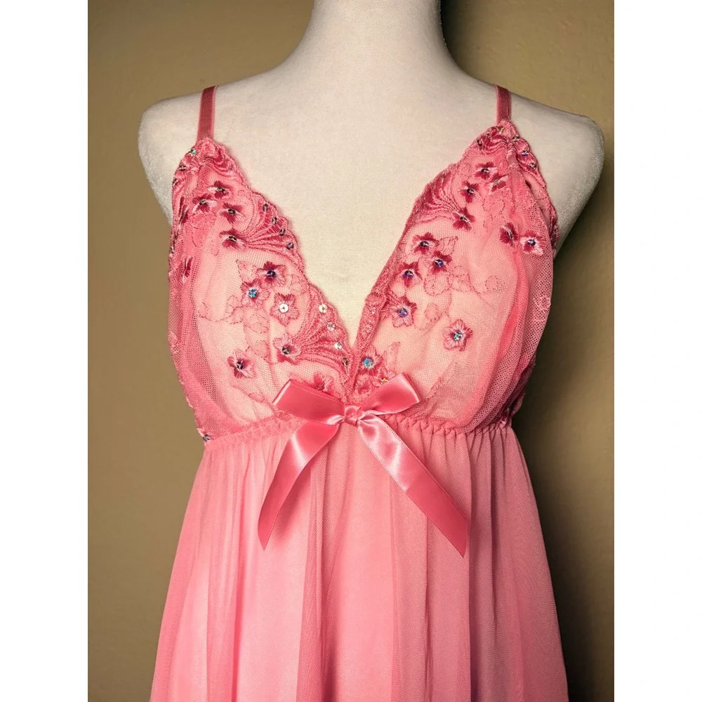 Y2K Pink Floral Embroidered Mesh Babydoll Chemise Nightgown Satin Bow Accent - Picture 2 of 4